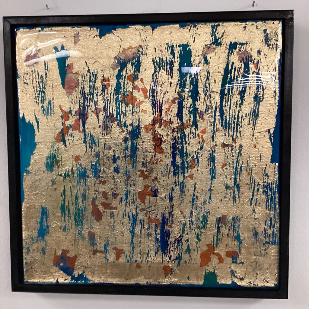 Framed 12"x12" gold leaf resin art