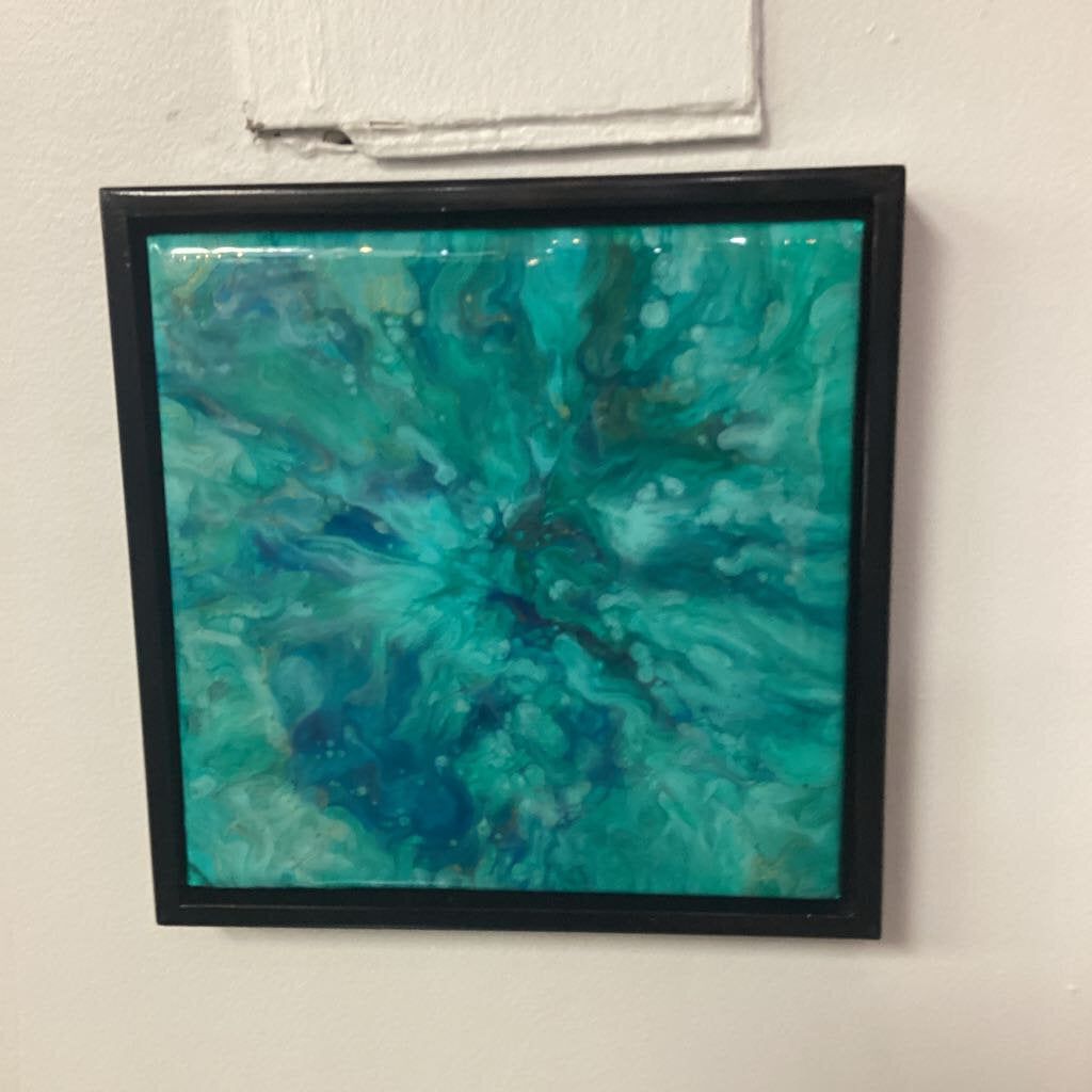 Framed 8"x8" dutch pour resin art