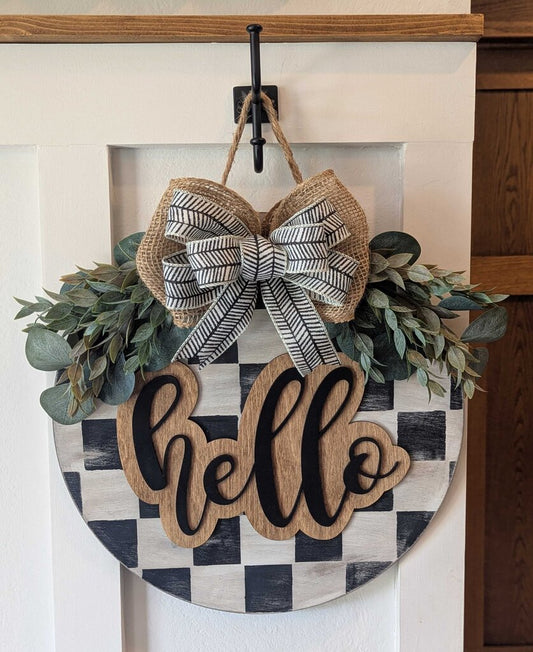 Hello Checkered 15 inch Door Hanger