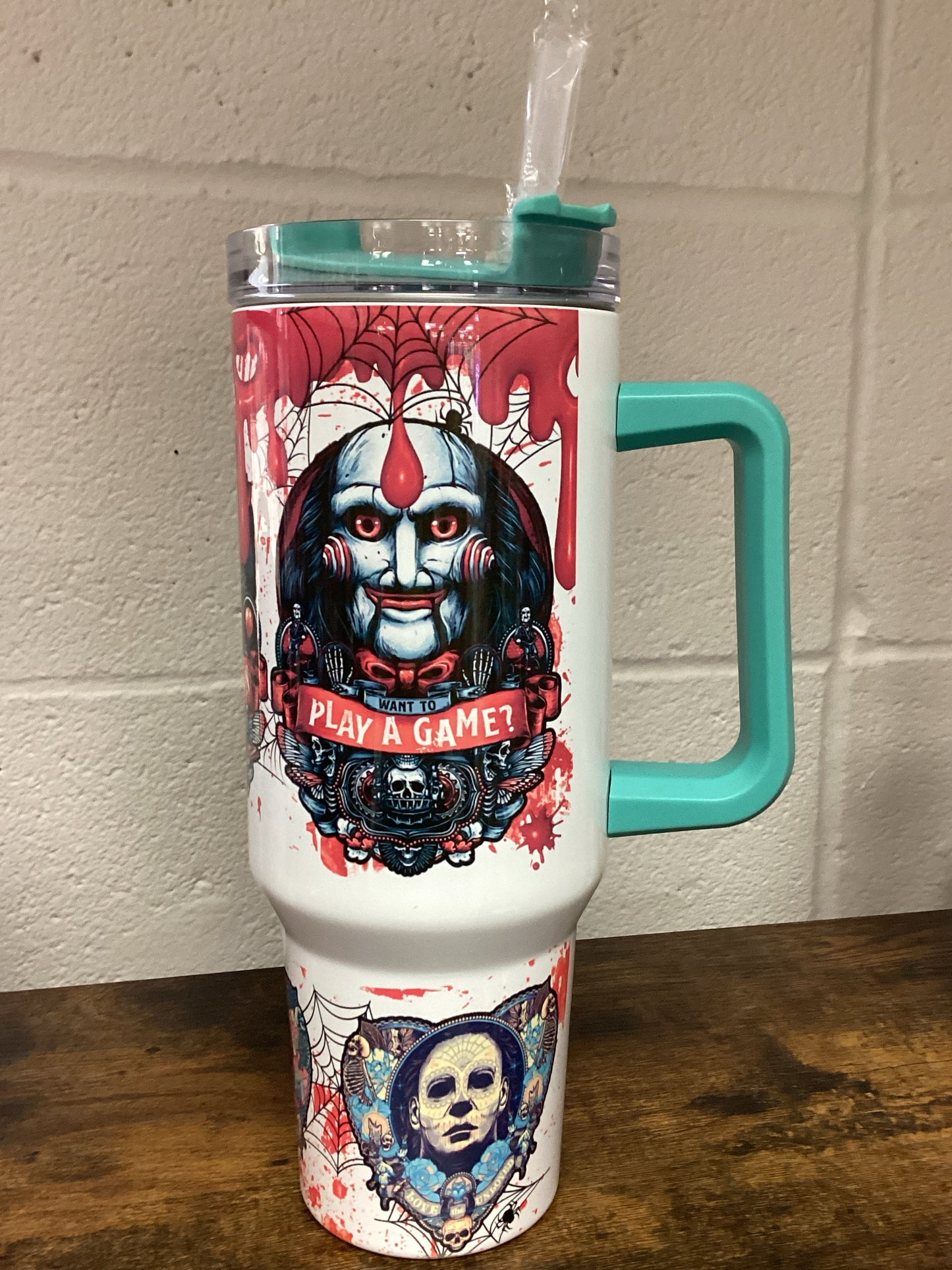 Horror 40 oz Tumbler - teal handle