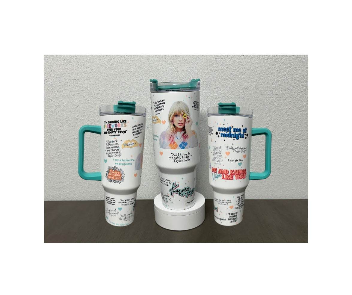 T Swift Lyrics 40 oz Tumbler - teal handle