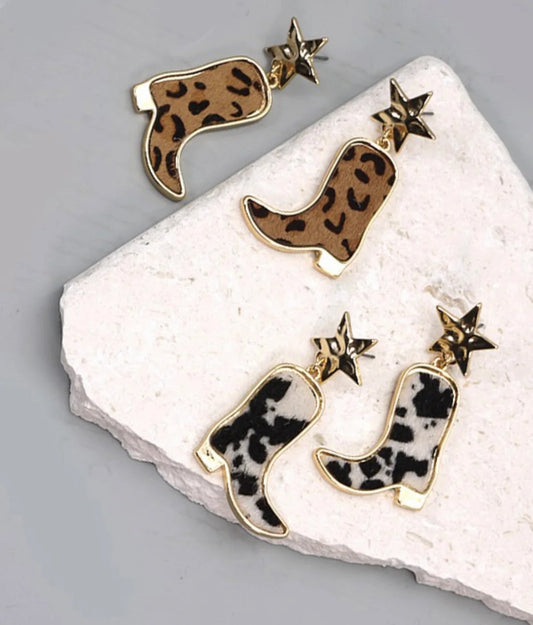 Animal Leather Boots Earrings Brown